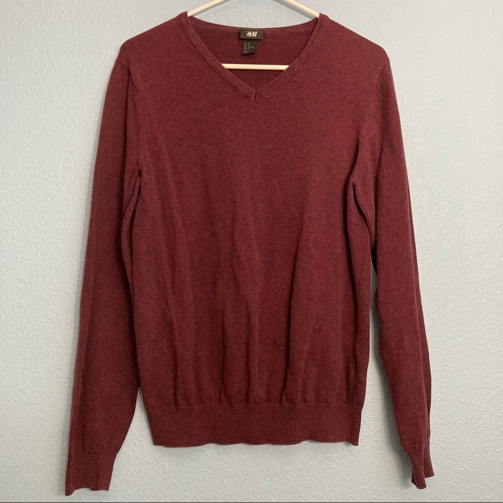 H&M VNeck Mens Knit Cotton Sweater - Medium - Long Sleeve - Maroon